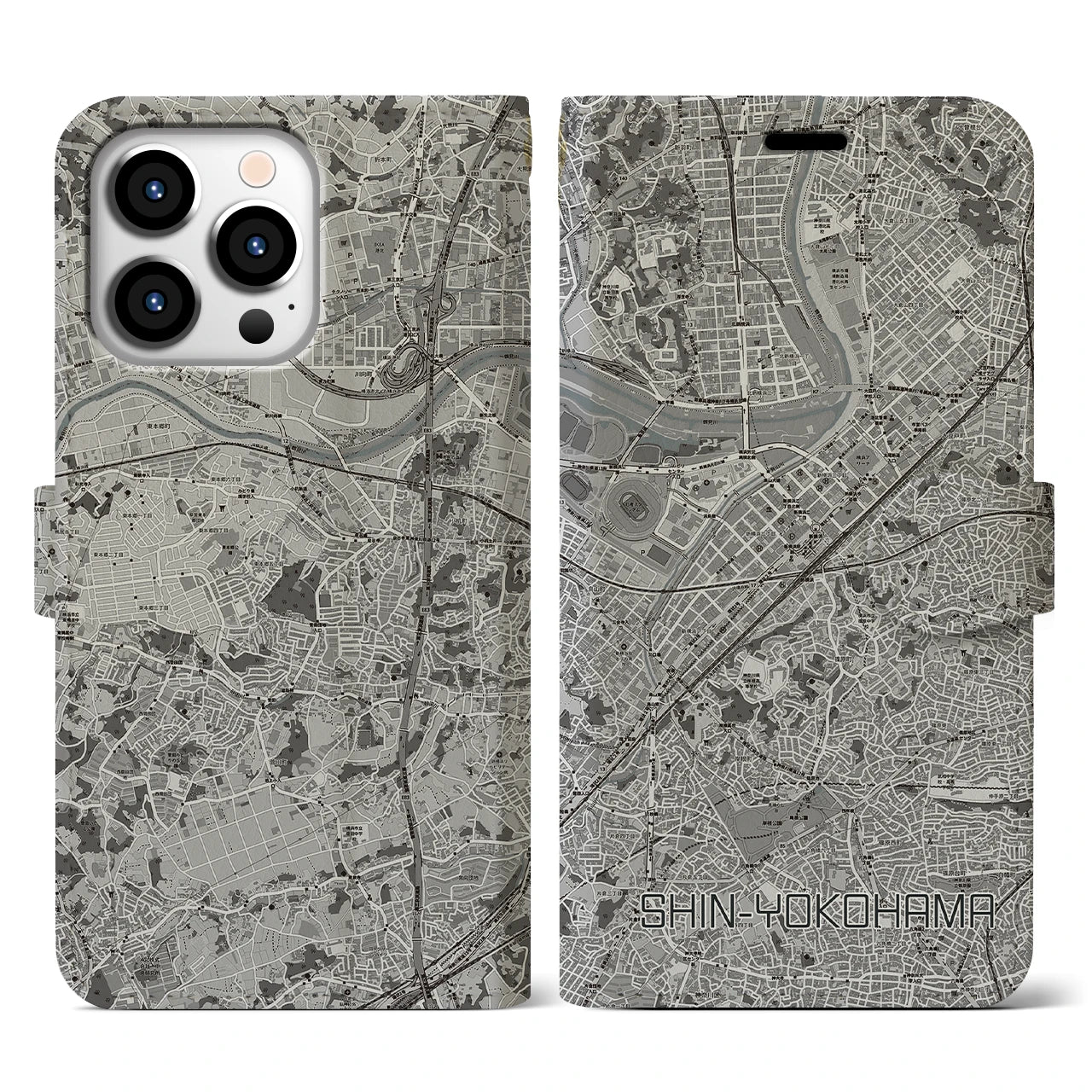 【新横浜(神奈川県)】地図柄iPhoneケース(手帳タイプ)モノトーン・iPhone 13 Pro 用