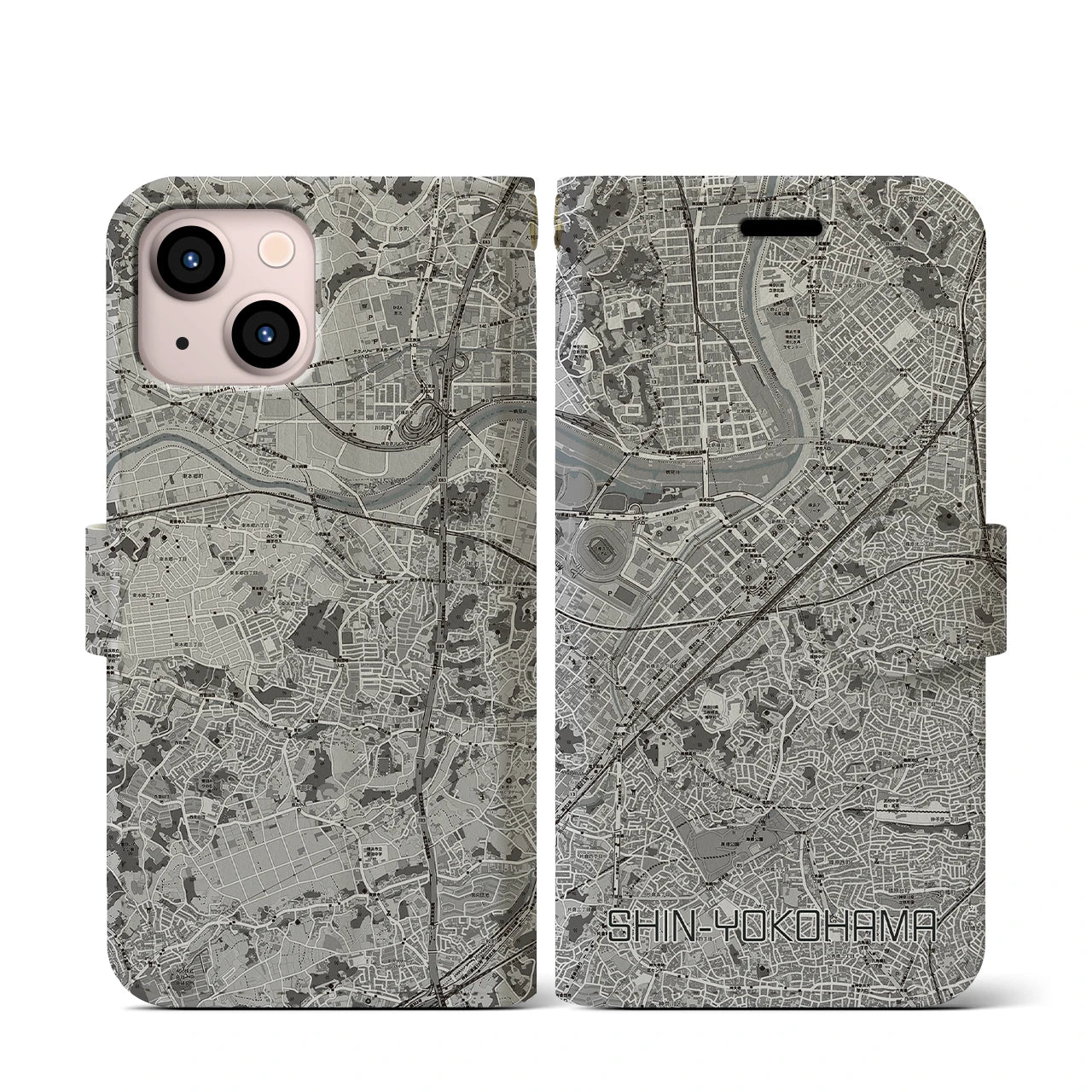 【新横浜(神奈川県)】地図柄iPhoneケース(手帳タイプ)モノトーン・iPhone 13 mini 用