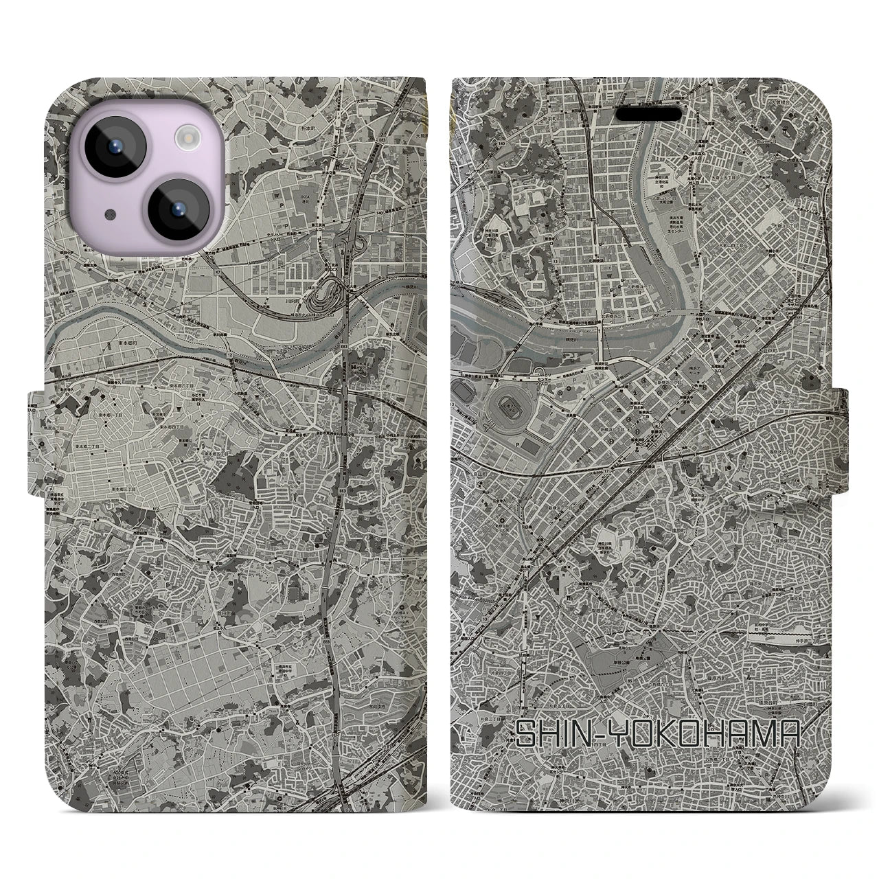 【新横浜(神奈川県)】地図柄iPhoneケース(手帳タイプ)モノトーン・iPhone 14 用