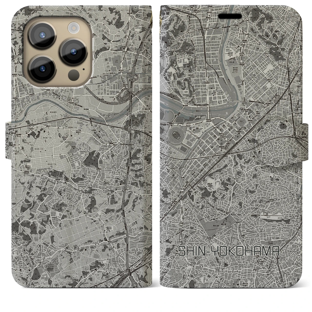 【新横浜(神奈川県)】地図柄iPhoneケース(手帳タイプ)モノトーン・iPhone 14 Pro Max 用