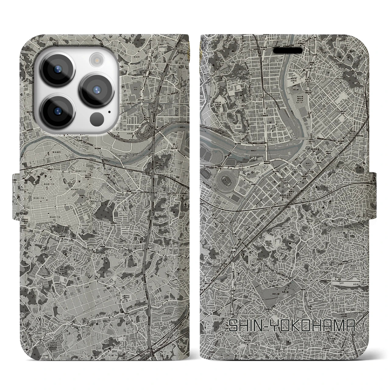 【新横浜(神奈川県)】地図柄iPhoneケース(手帳タイプ)モノトーン・iPhone 14 Pro 用