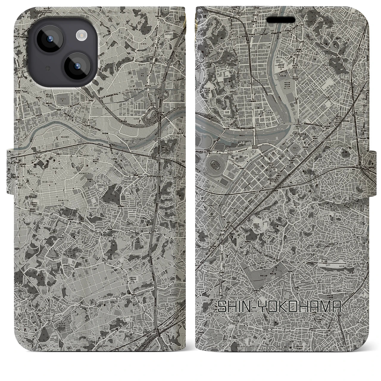【新横浜(神奈川県)】地図柄iPhoneケース(手帳タイプ)モノトーン・iPhone 14 Plus 用
