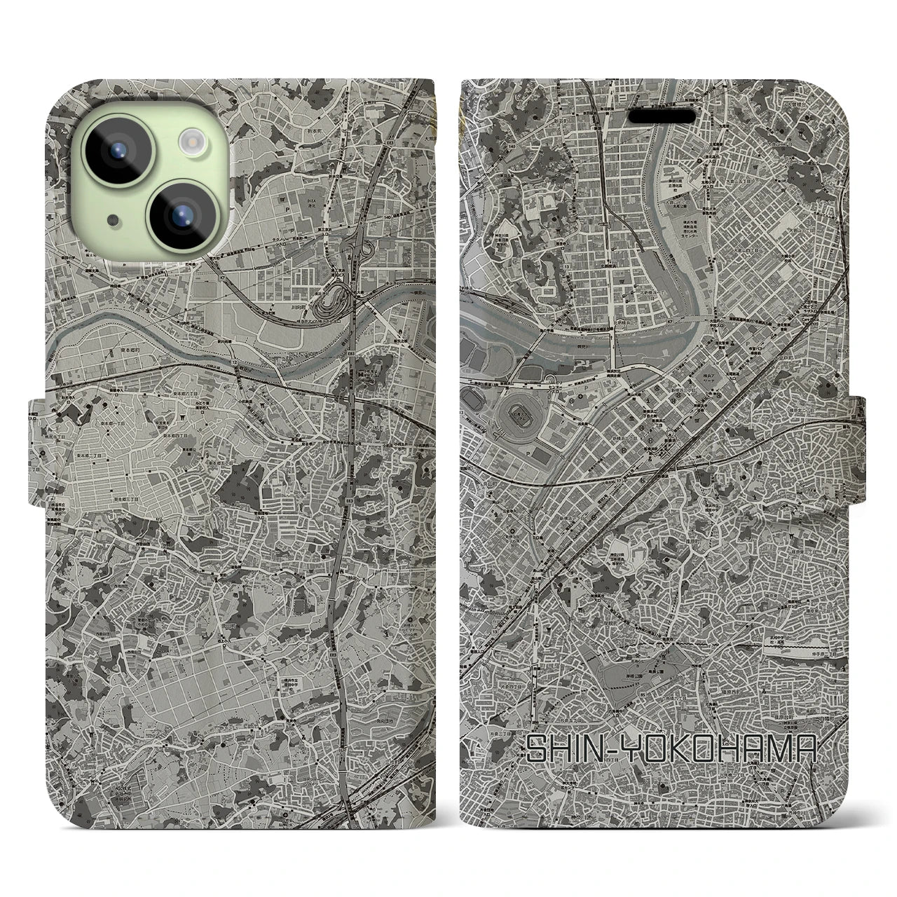 【新横浜(神奈川県)】地図柄iPhoneケース(手帳タイプ)モノトーン・iPhone 15 用