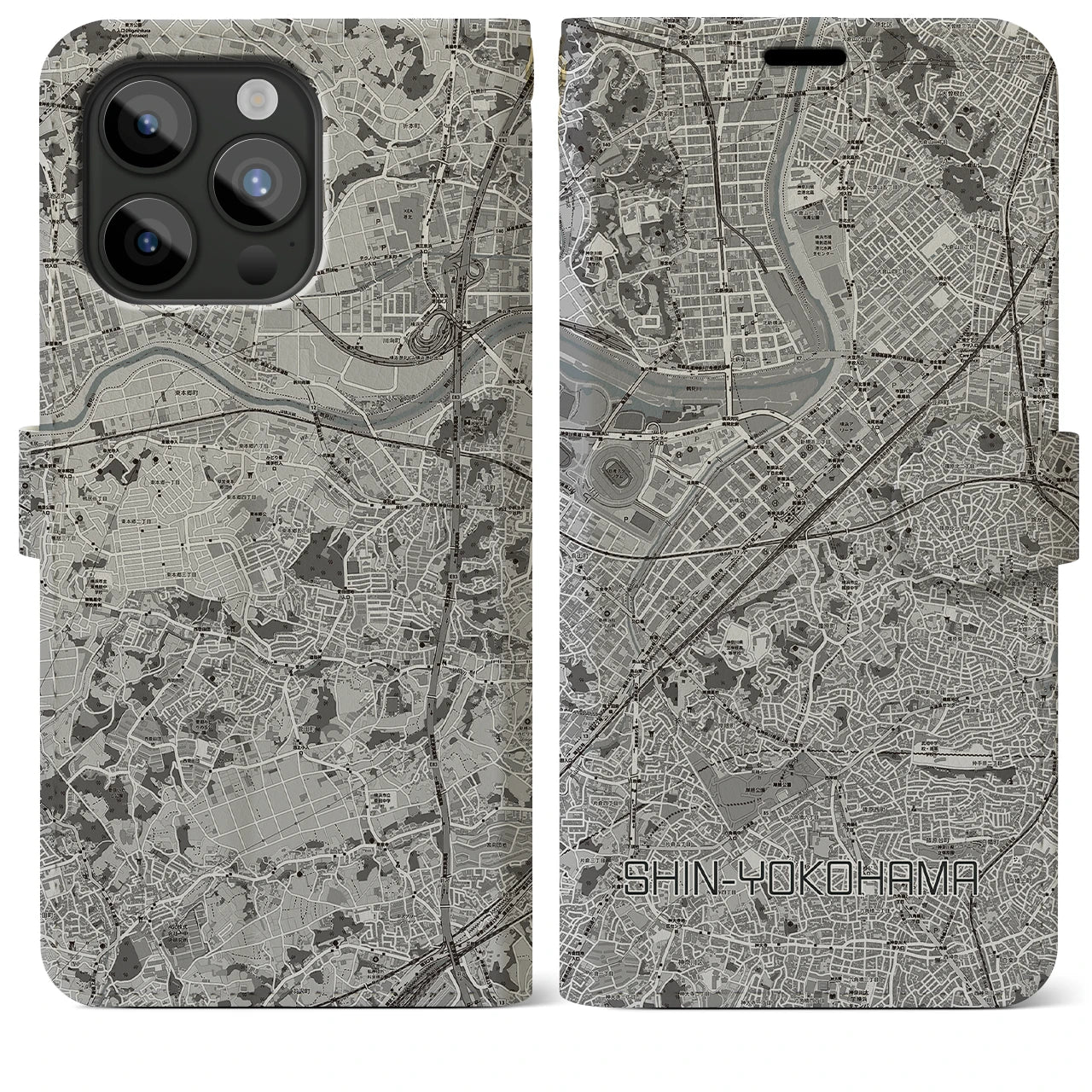【新横浜(神奈川県)】地図柄iPhoneケース(手帳タイプ)モノトーン・iPhone 15 Pro Max 用