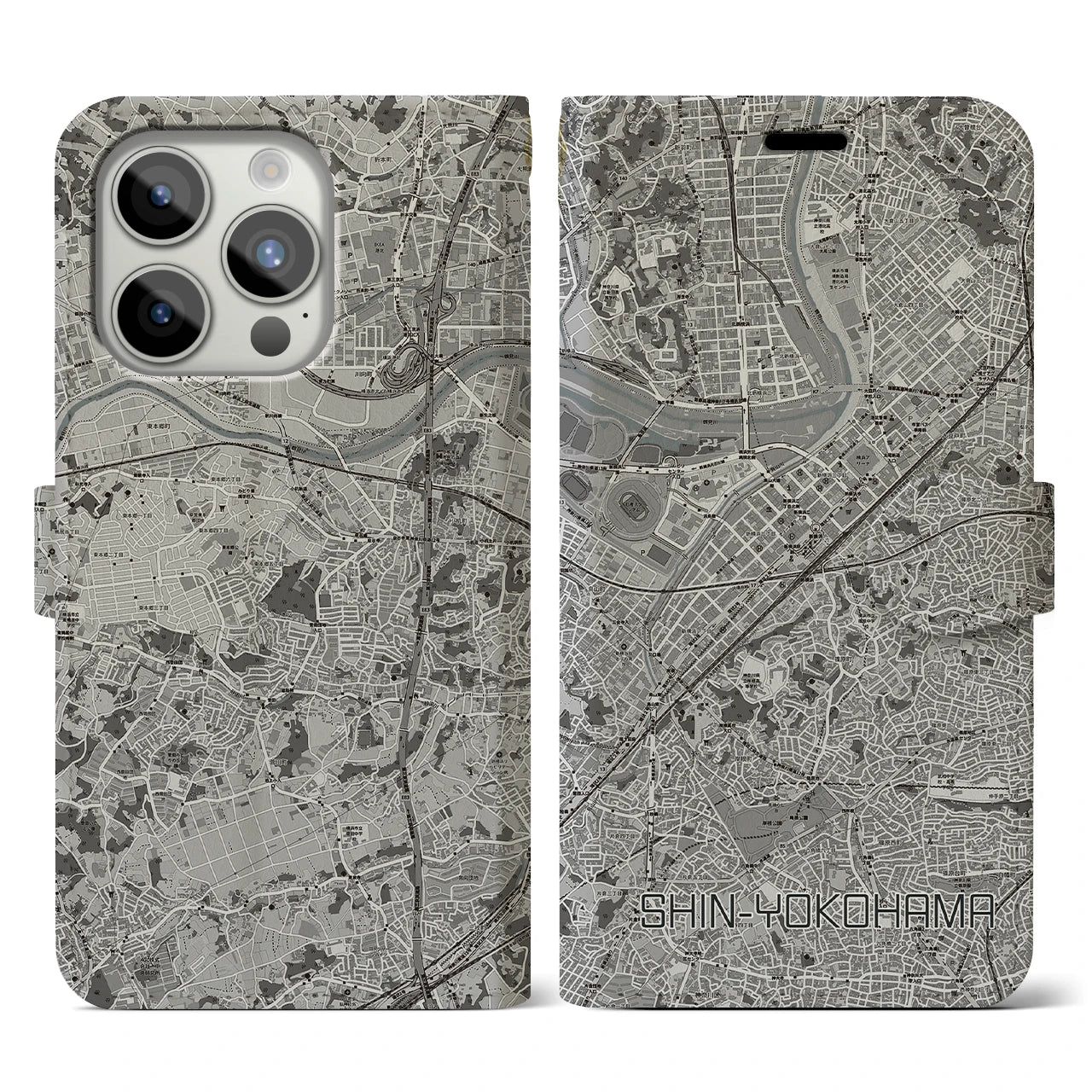 【新横浜(神奈川県)】地図柄iPhoneケース(手帳タイプ)モノトーン・iPhone 15 Pro 用