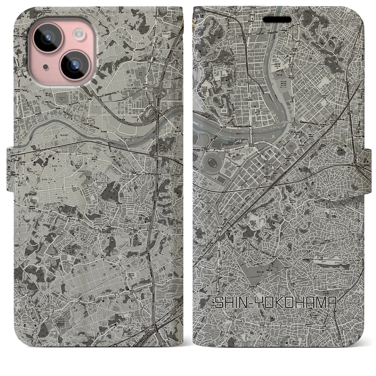 【新横浜(神奈川県)】地図柄iPhoneケース(手帳タイプ)モノトーン・iPhone 15 Plus 用