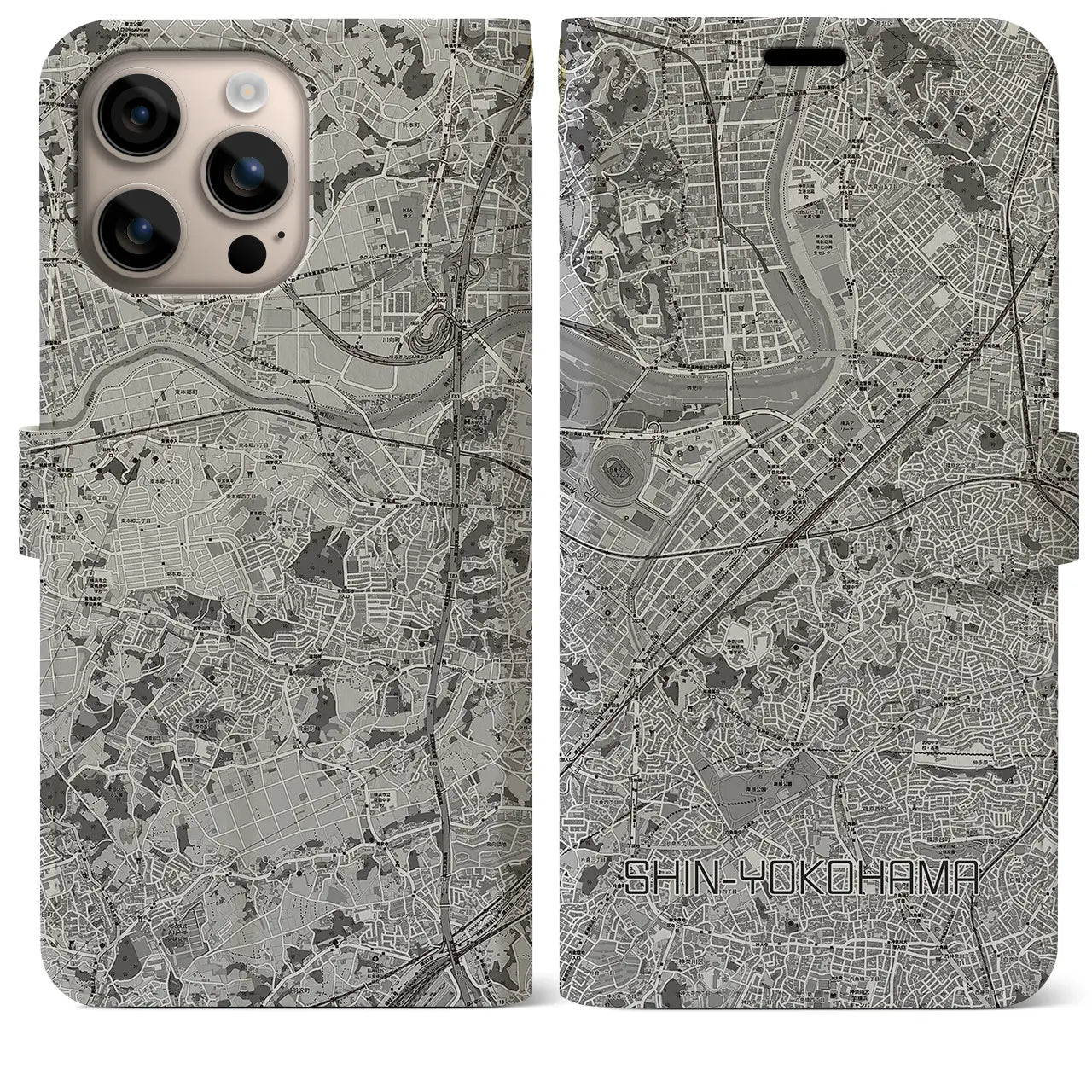 【新横浜(神奈川県)】地図柄iPhoneケース(手帳タイプ)モノトーン・iPhone 16 Plus 用