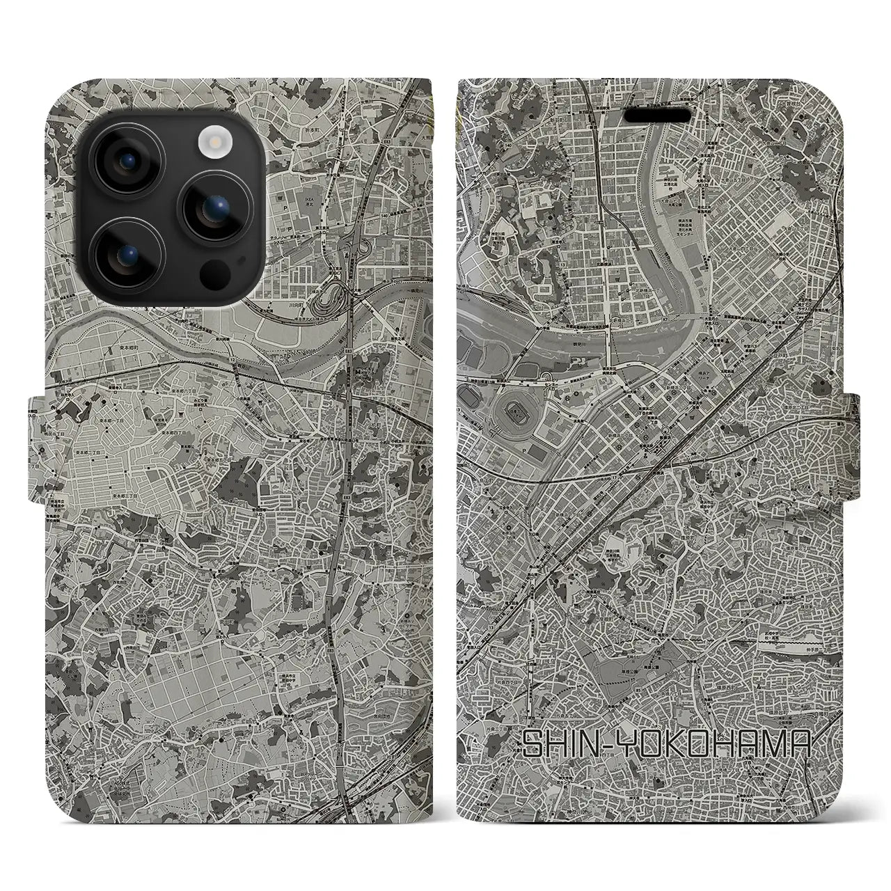 【新横浜(神奈川県)】地図柄iPhoneケース(手帳タイプ)モノトーン・iPhone 16 用