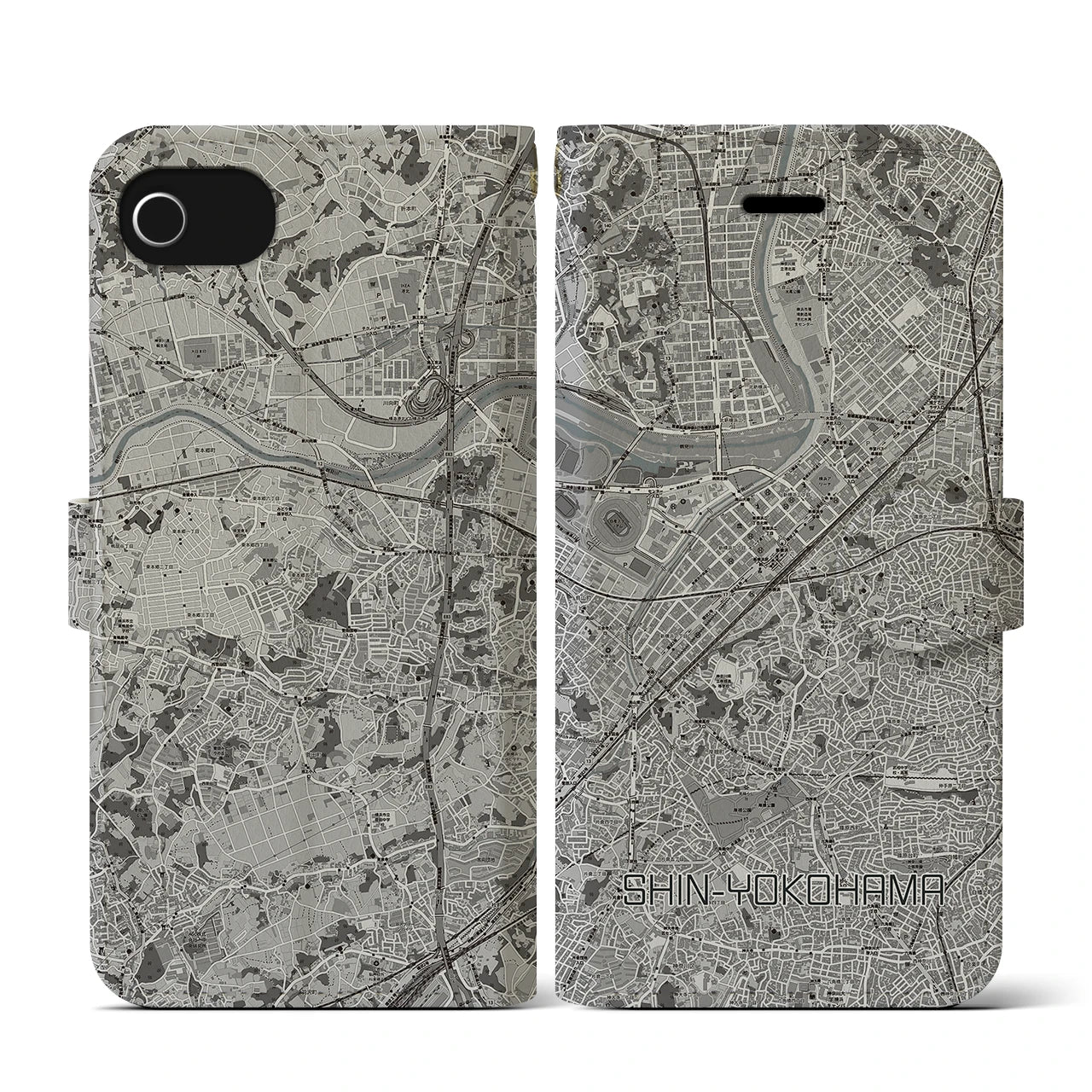 【新横浜(神奈川県)】地図柄iPhoneケース(手帳タイプ)モノトーン・iPhone SE(第3 / 第2世代) / 8 / 7 / 6s / 6 用