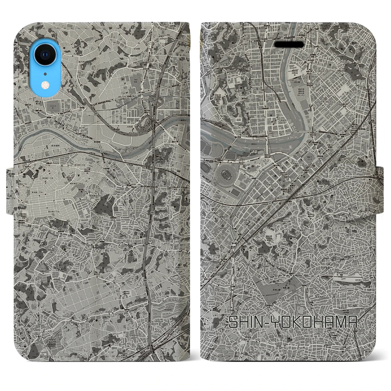 【新横浜(神奈川県)】地図柄iPhoneケース(手帳タイプ)モノトーン・iPhone XR 用