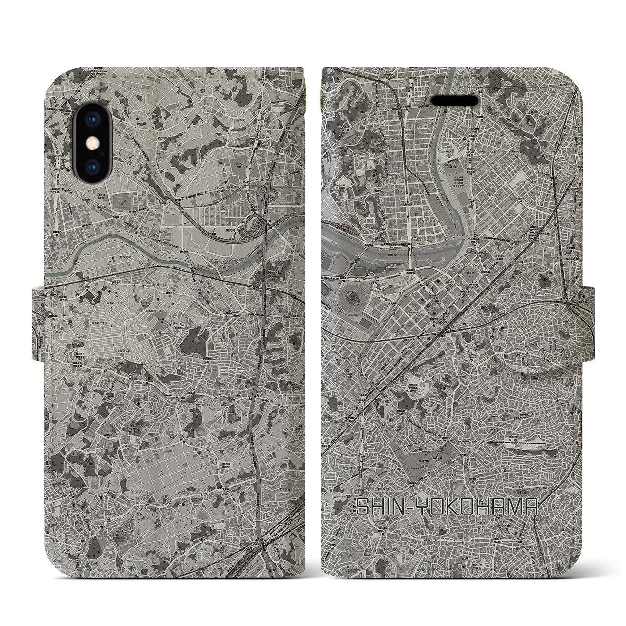 【新横浜(神奈川県)】地図柄iPhoneケース(手帳タイプ)モノトーン・iPhone XS / X 用