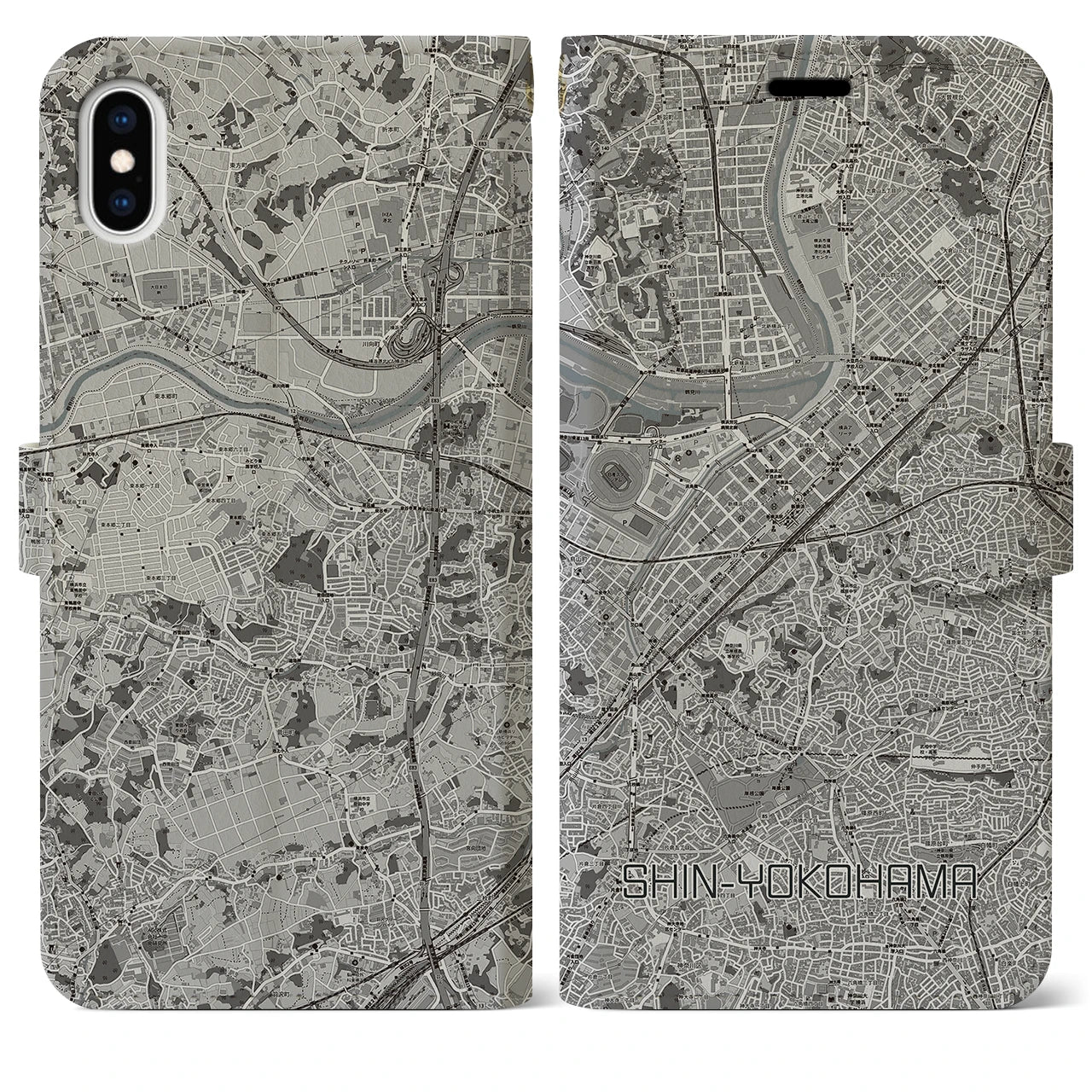 【新横浜(神奈川県)】地図柄iPhoneケース(手帳タイプ)モノトーン・iPhone XS Max 用