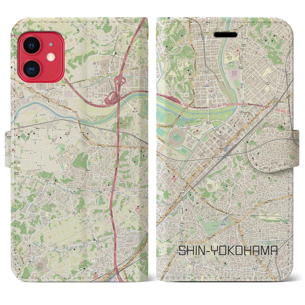 【新横浜(神奈川県)】地図柄iPhoneケース(手帳タイプ)ナチュラル・iPhone 11 用