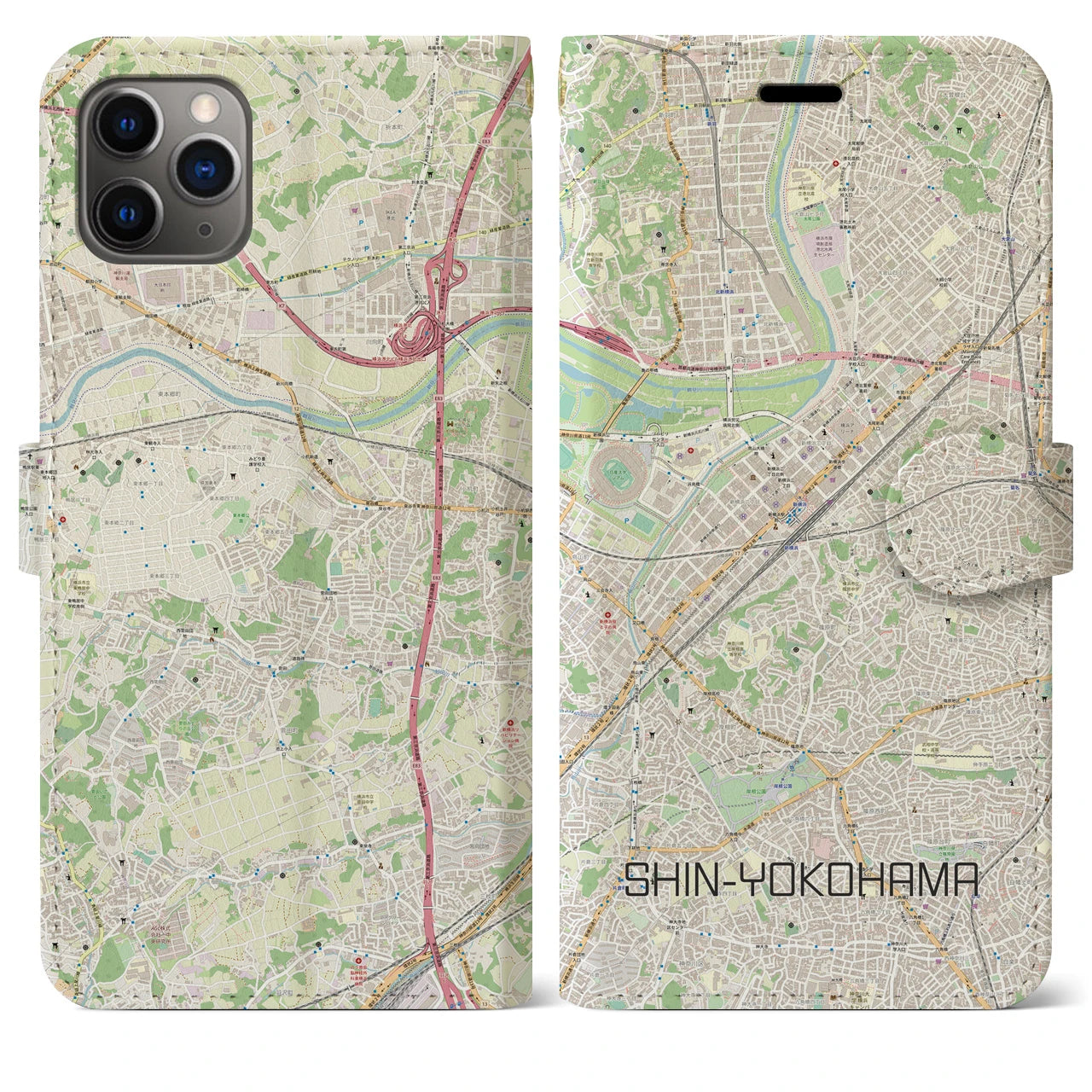 【新横浜(神奈川県)】地図柄iPhoneケース(手帳タイプ)ナチュラル・iPhone 11 Pro Max 用