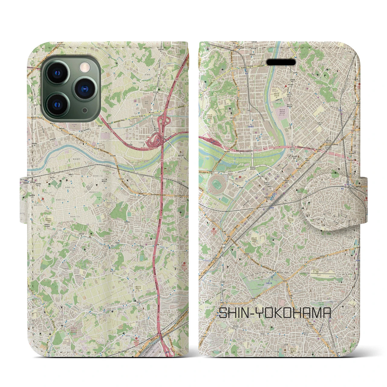 【新横浜(神奈川県)】地図柄iPhoneケース(手帳タイプ)ナチュラル・iPhone 11 Pro 用