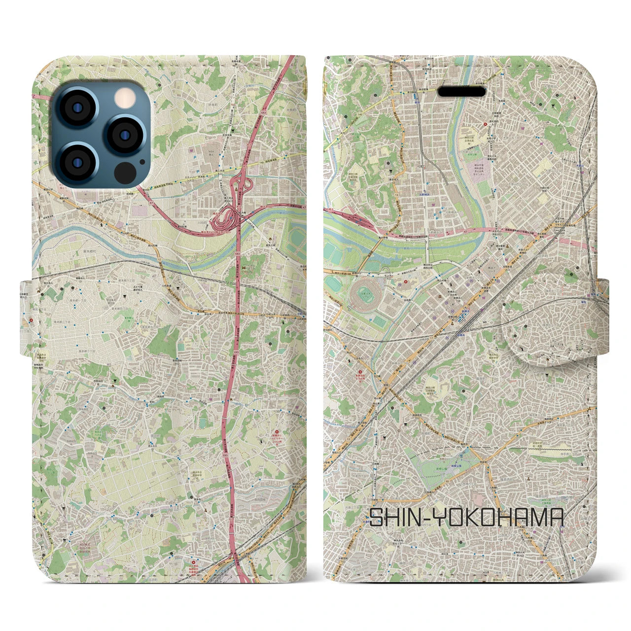 【新横浜(神奈川県)】地図柄iPhoneケース(手帳タイプ)ナチュラル・iPhone 12 / 12 Pro 用
