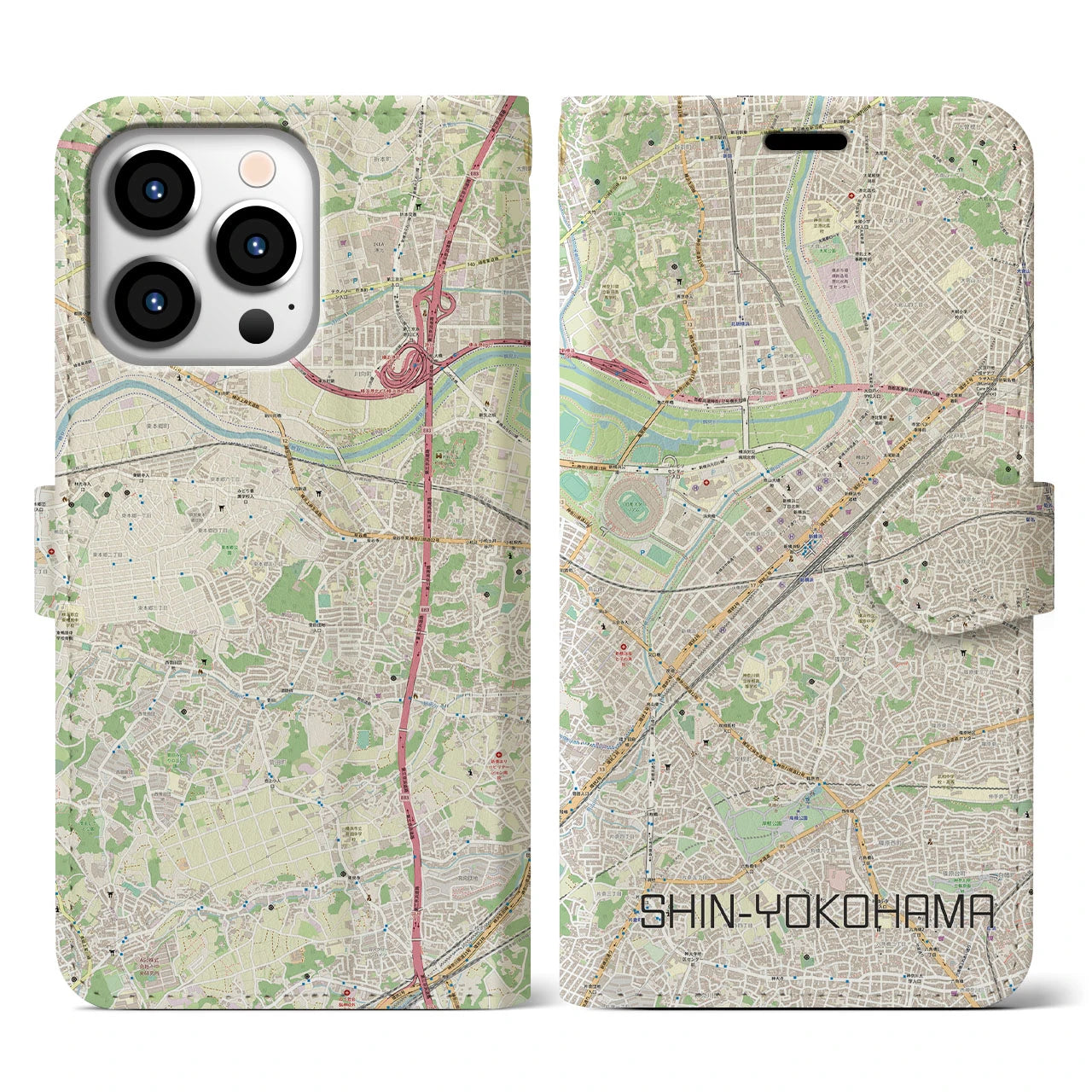 【新横浜(神奈川県)】地図柄iPhoneケース(手帳タイプ)ナチュラル・iPhone 13 Pro 用