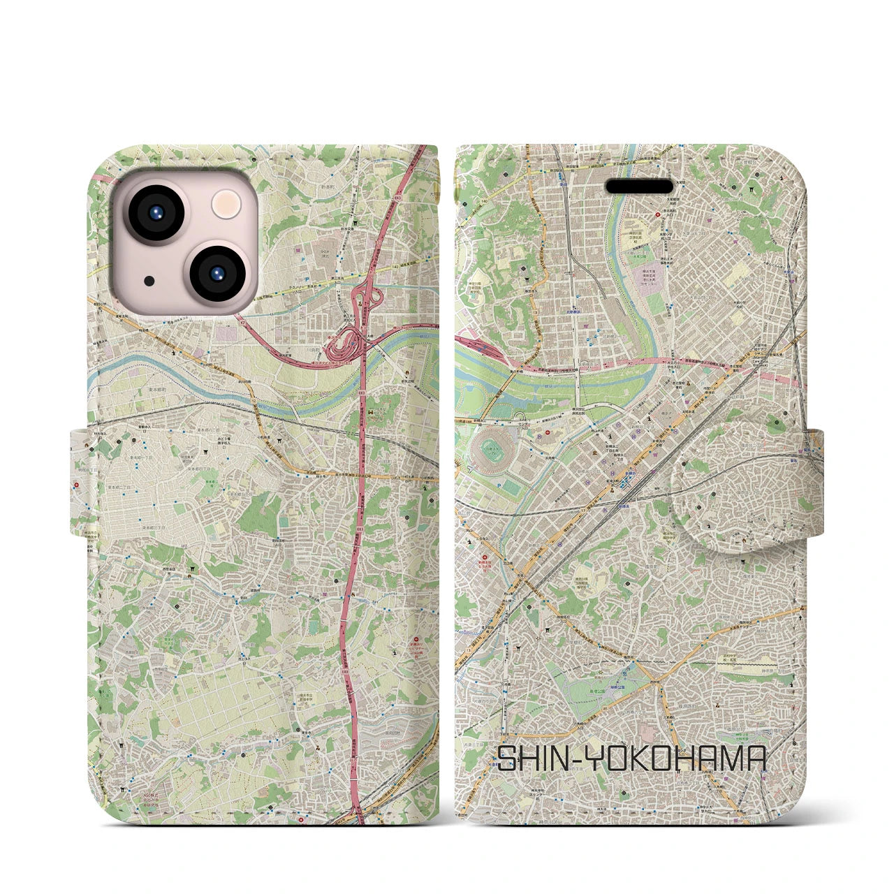 【新横浜(神奈川県)】地図柄iPhoneケース(手帳タイプ)ナチュラル・iPhone 13 mini 用