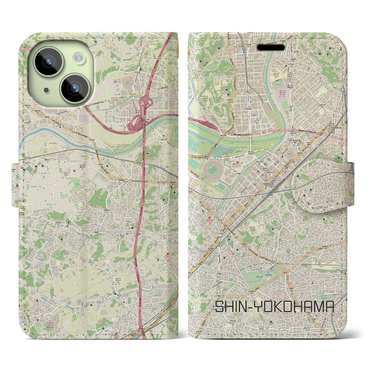 【新横浜(神奈川県)】地図柄iPhoneケース(手帳タイプ)ナチュラル・iPhone 15 用