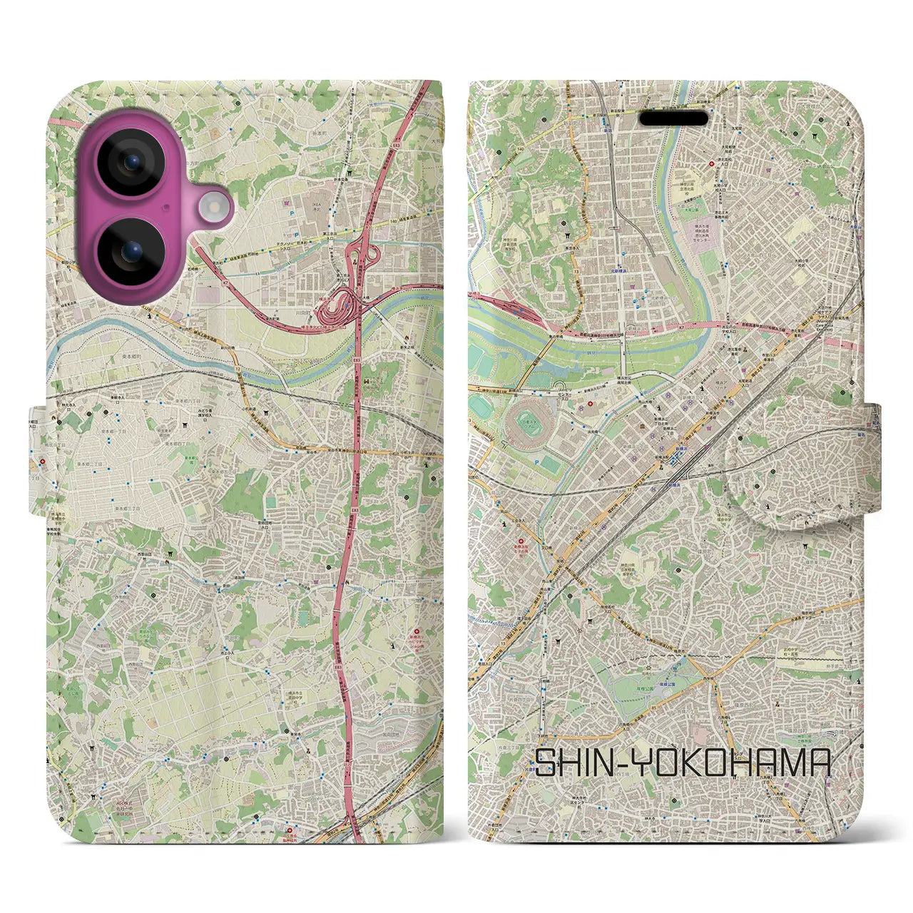 【新横浜(神奈川県)】地図柄iPhoneケース(手帳タイプ)ナチュラル・iPhone 16 Pro 用