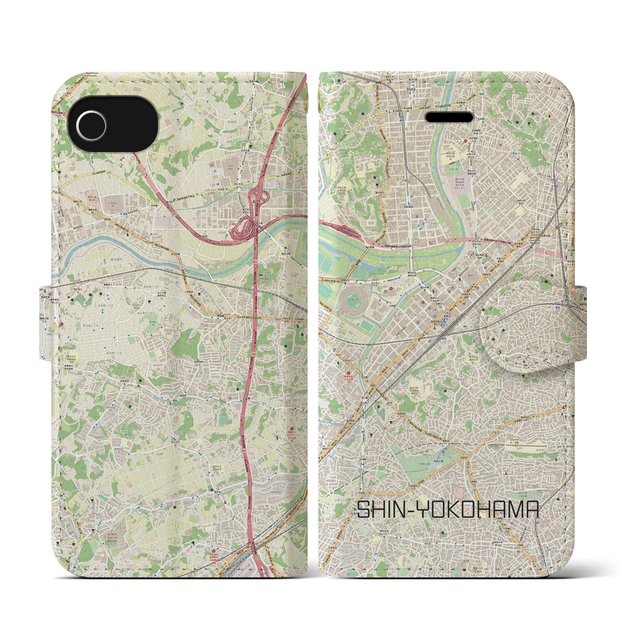【新横浜(神奈川県)】地図柄iPhoneケース(手帳タイプ)ナチュラル・iPhone SE(第3 / 第2世代) / 8 / 7 / 6s / 6 用