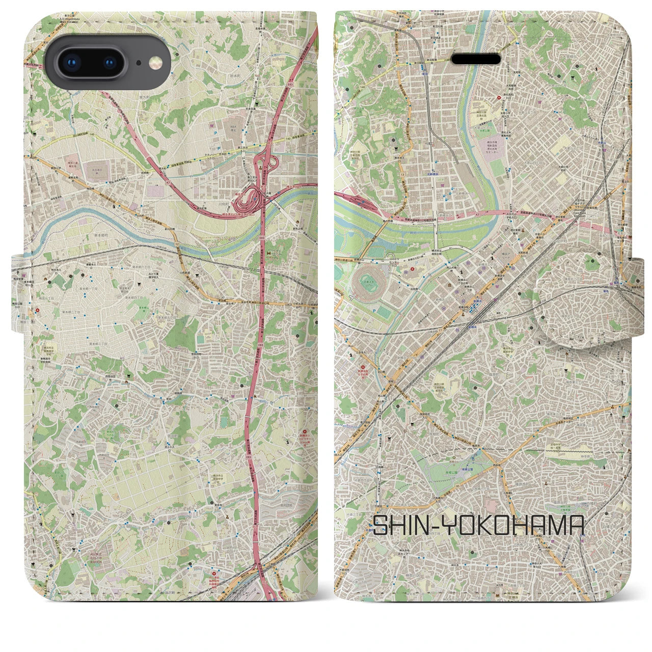 【新横浜(神奈川県)】地図柄iPhoneケース(手帳タイプ)ナチュラル・iPhone 8Plus /7Plus / 6sPlus / 6Plus 用