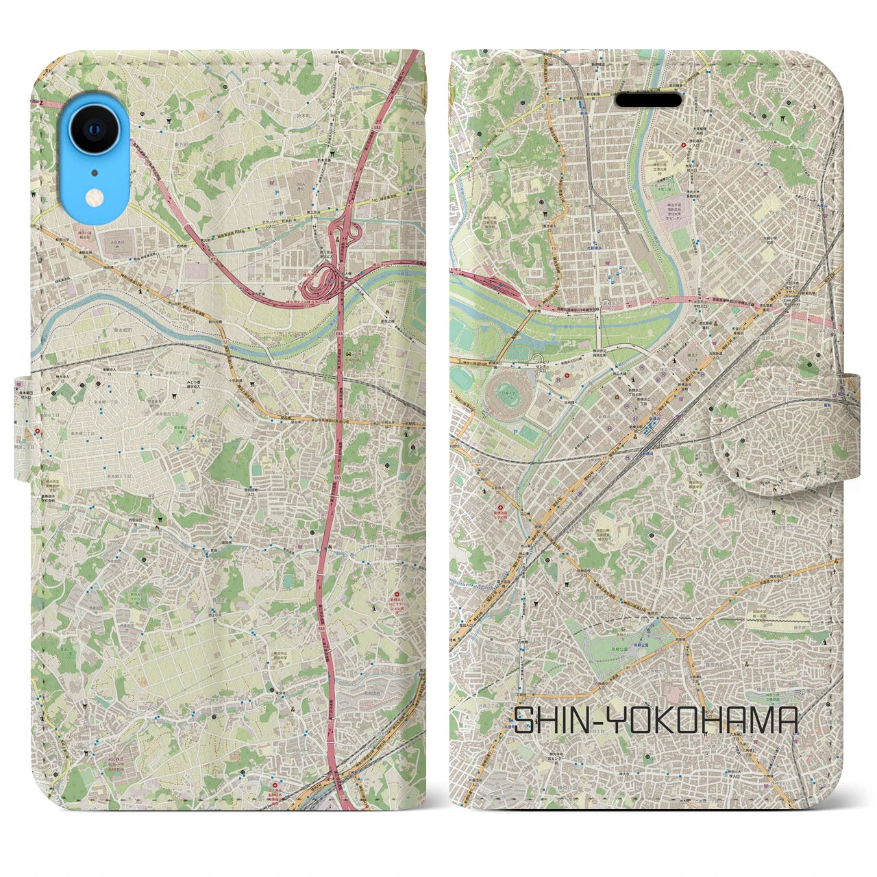 【新横浜(神奈川県)】地図柄iPhoneケース(手帳タイプ)ナチュラル・iPhone XR 用