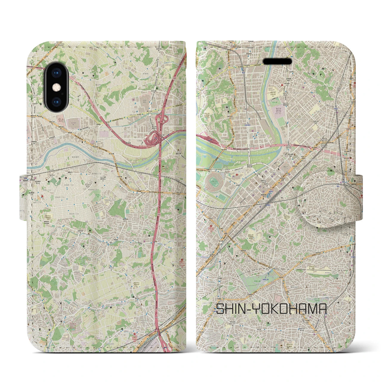 【新横浜(神奈川県)】地図柄iPhoneケース(手帳タイプ)ナチュラル・iPhone XS / X 用