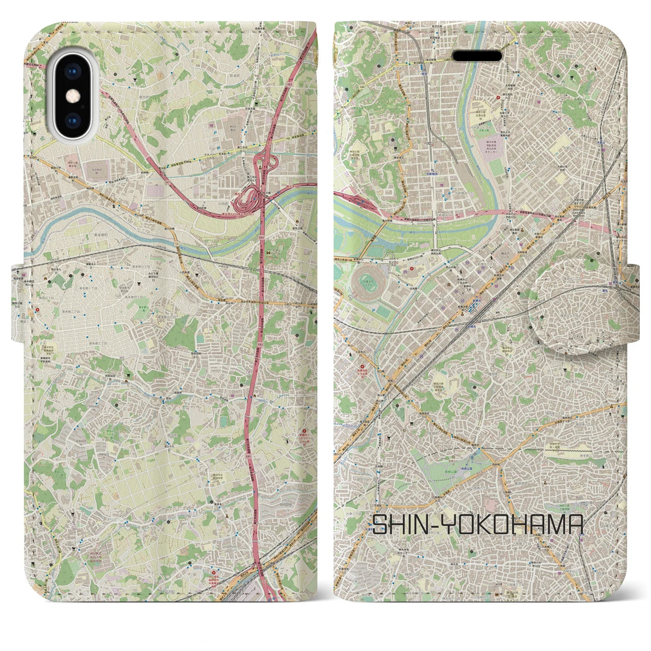 【新横浜(神奈川県)】地図柄iPhoneケース(手帳タイプ)ナチュラル・iPhone XS Max 用