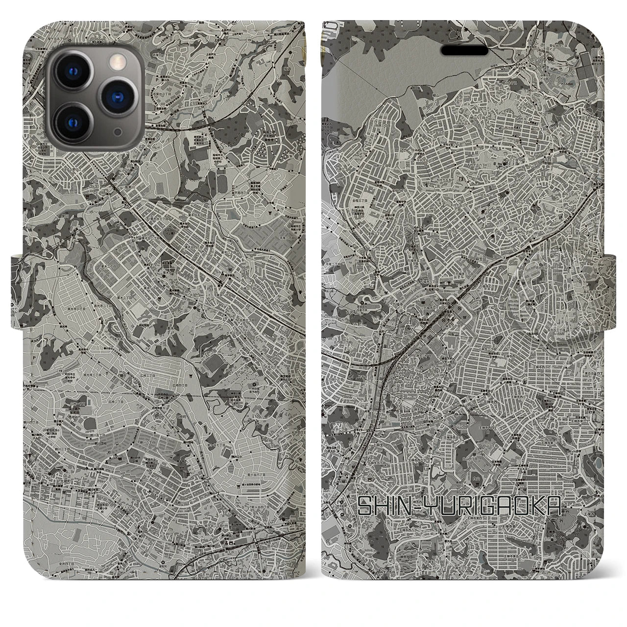 【新百合ヶ丘(神奈川県)】地図柄iPhoneケース(手帳タイプ)モノトーン・iPhone 11 Pro Max 用