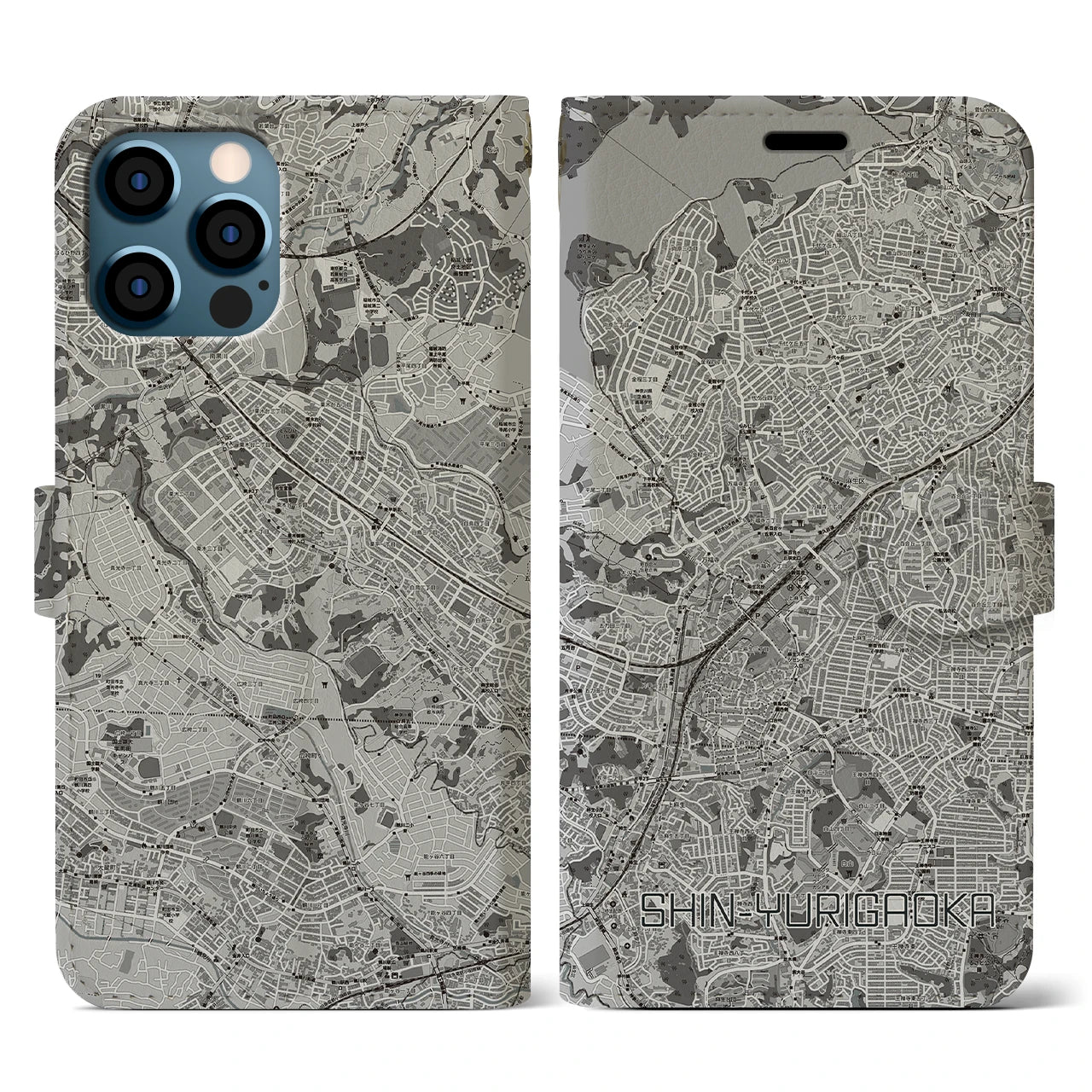 【新百合ヶ丘(神奈川県)】地図柄iPhoneケース(手帳タイプ)モノトーン・iPhone 12 / 12 Pro 用