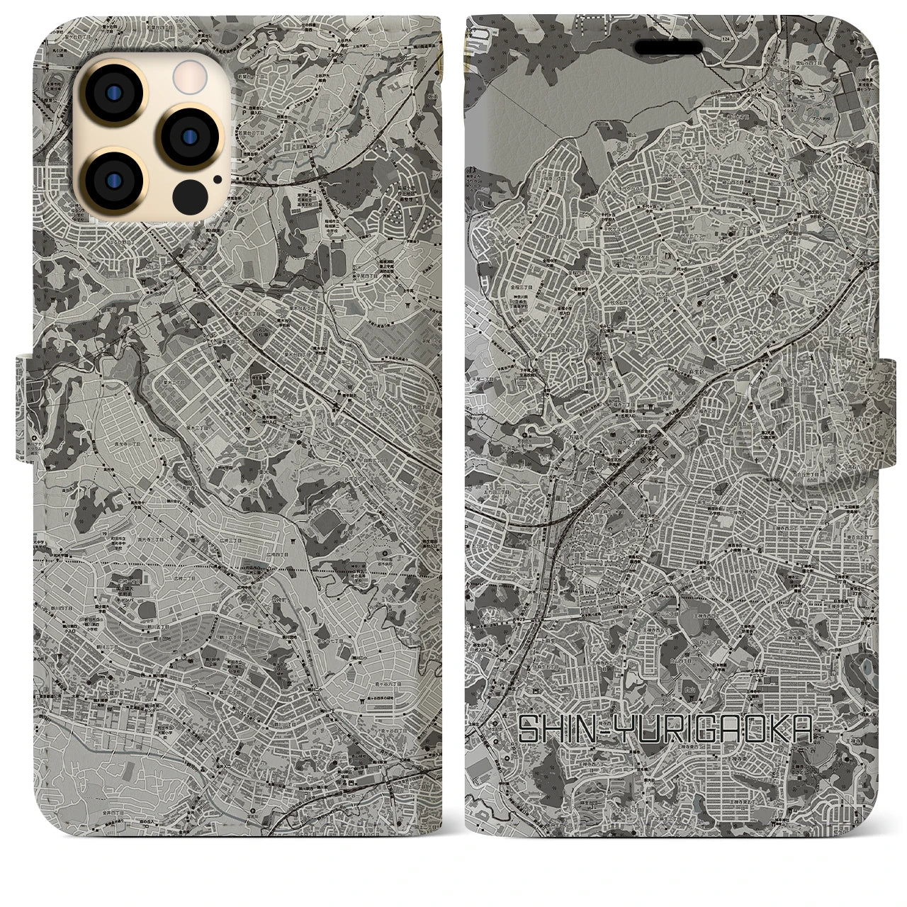 【新百合ヶ丘(神奈川県)】地図柄iPhoneケース(手帳タイプ)モノトーン・iPhone 12 Pro Max 用