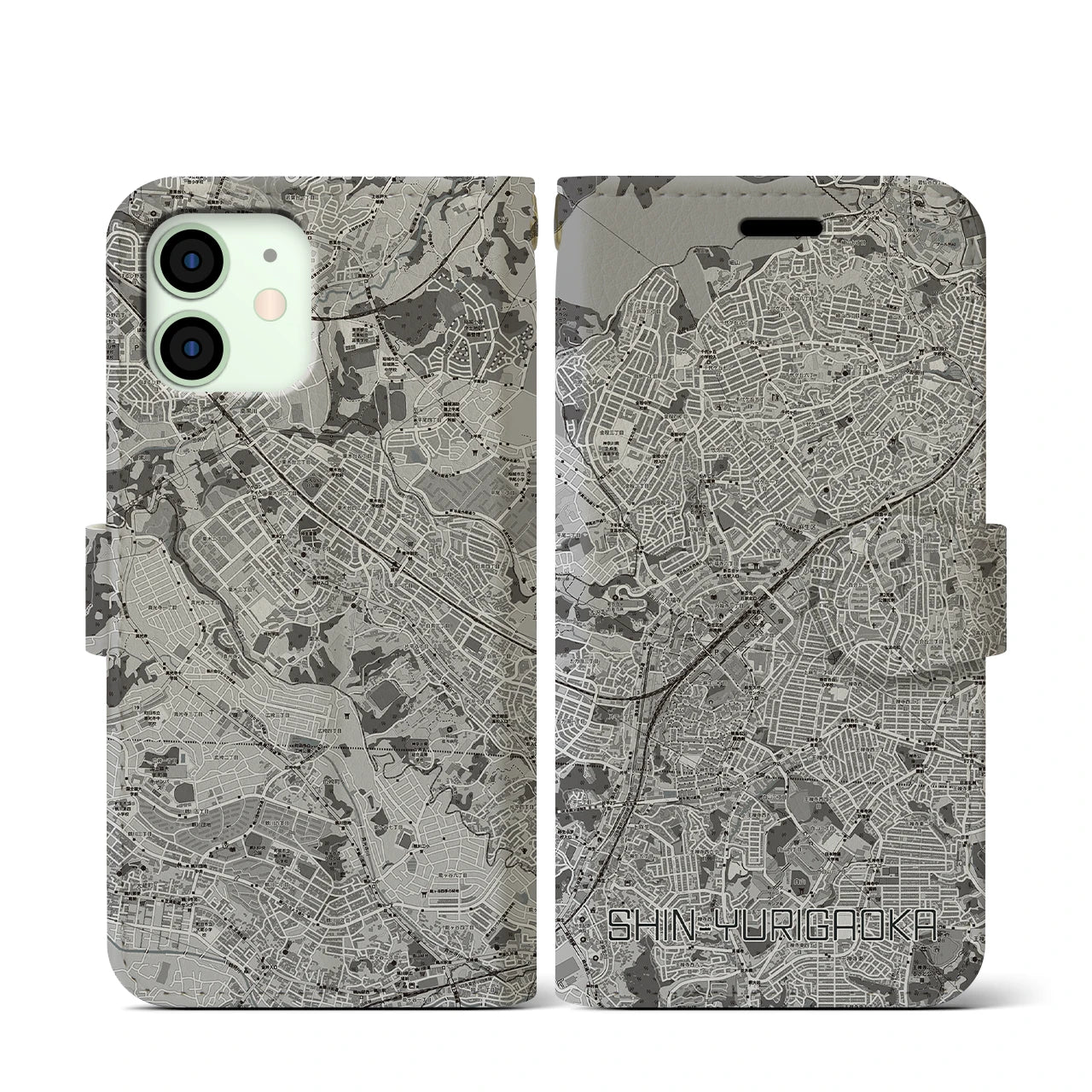 【新百合ヶ丘(神奈川県)】地図柄iPhoneケース(手帳タイプ)モノトーン・iPhone 12 mini 用