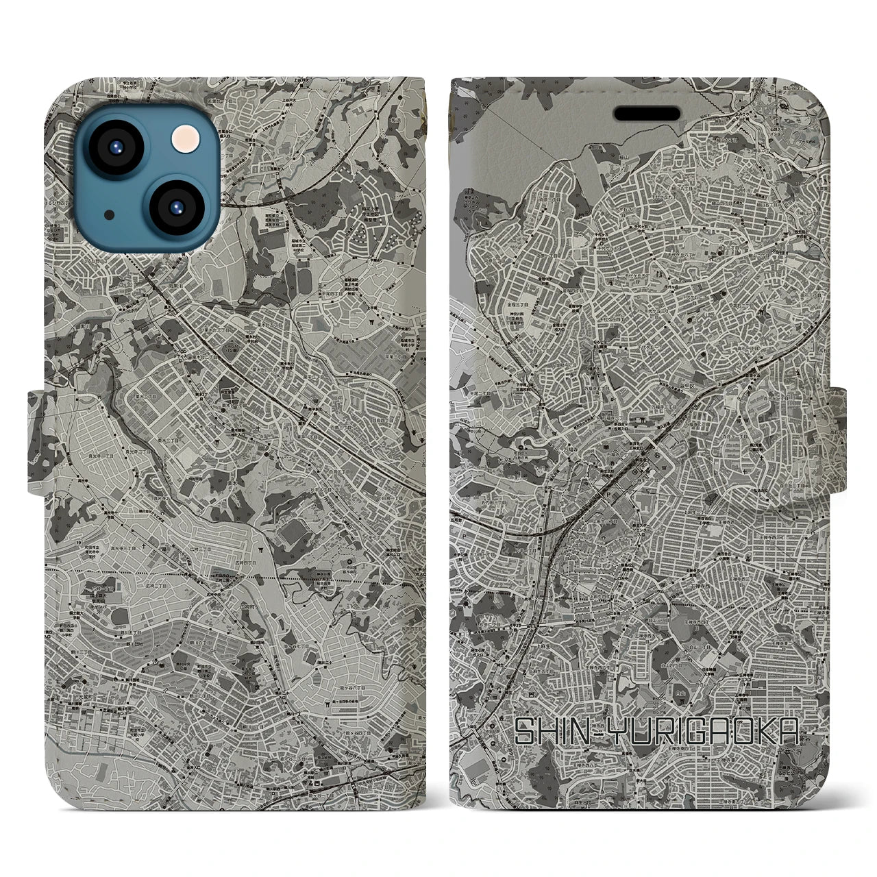 【新百合ヶ丘(神奈川県)】地図柄iPhoneケース(手帳タイプ)モノトーン・iPhone 13 用