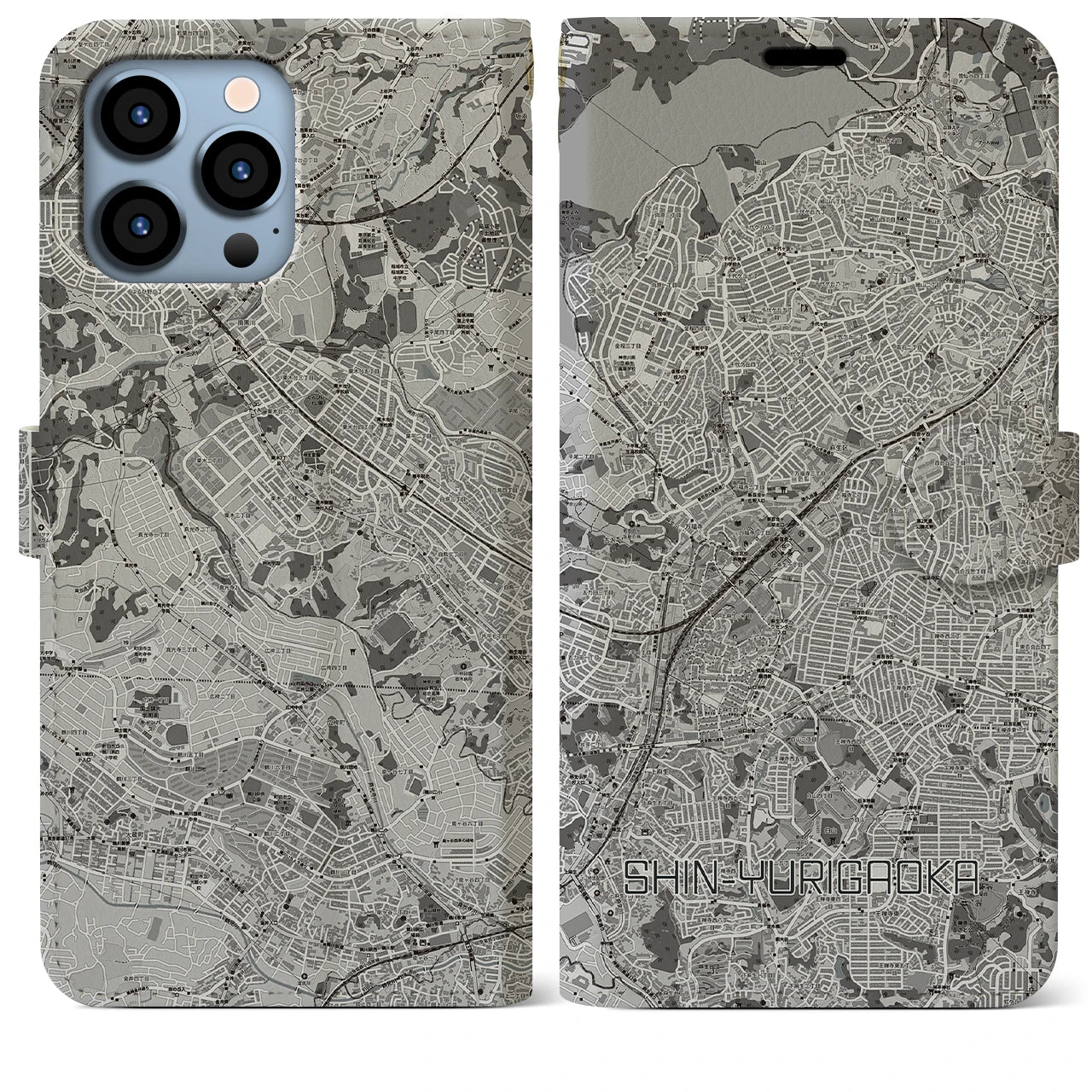 【新百合ヶ丘(神奈川県)】地図柄iPhoneケース(手帳タイプ)モノトーン・iPhone 13 Pro Max 用