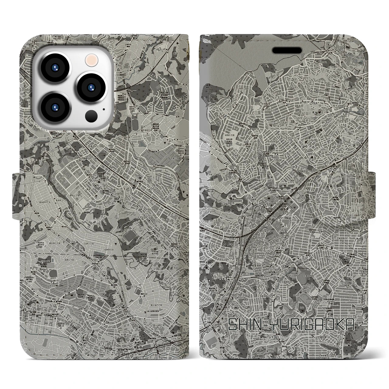 【新百合ヶ丘(神奈川県)】地図柄iPhoneケース(手帳タイプ)モノトーン・iPhone 13 Pro 用