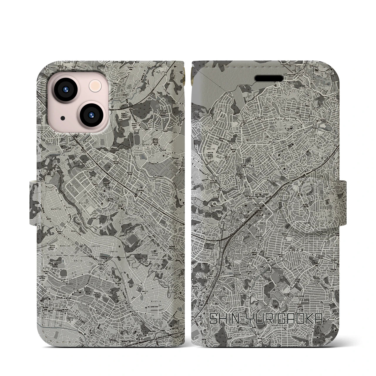 【新百合ヶ丘(神奈川県)】地図柄iPhoneケース(手帳タイプ)モノトーン・iPhone 13 mini 用