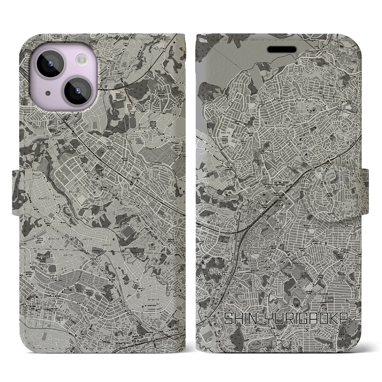 【新百合ヶ丘(神奈川県)】地図柄iPhoneケース(手帳タイプ)モノトーン・iPhone 14 用
