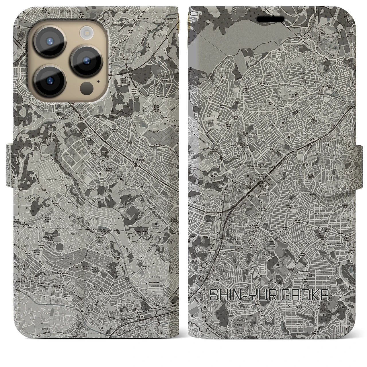 【新百合ヶ丘(神奈川県)】地図柄iPhoneケース(手帳タイプ)モノトーン・iPhone 14 Pro Max 用