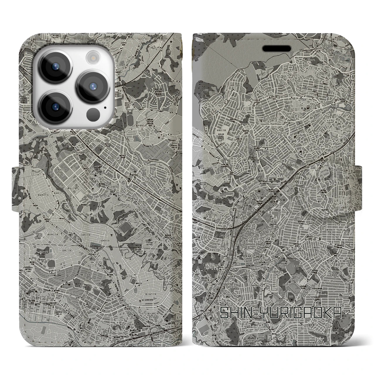 【新百合ヶ丘(神奈川県)】地図柄iPhoneケース(手帳タイプ)モノトーン・iPhone 14 Pro 用