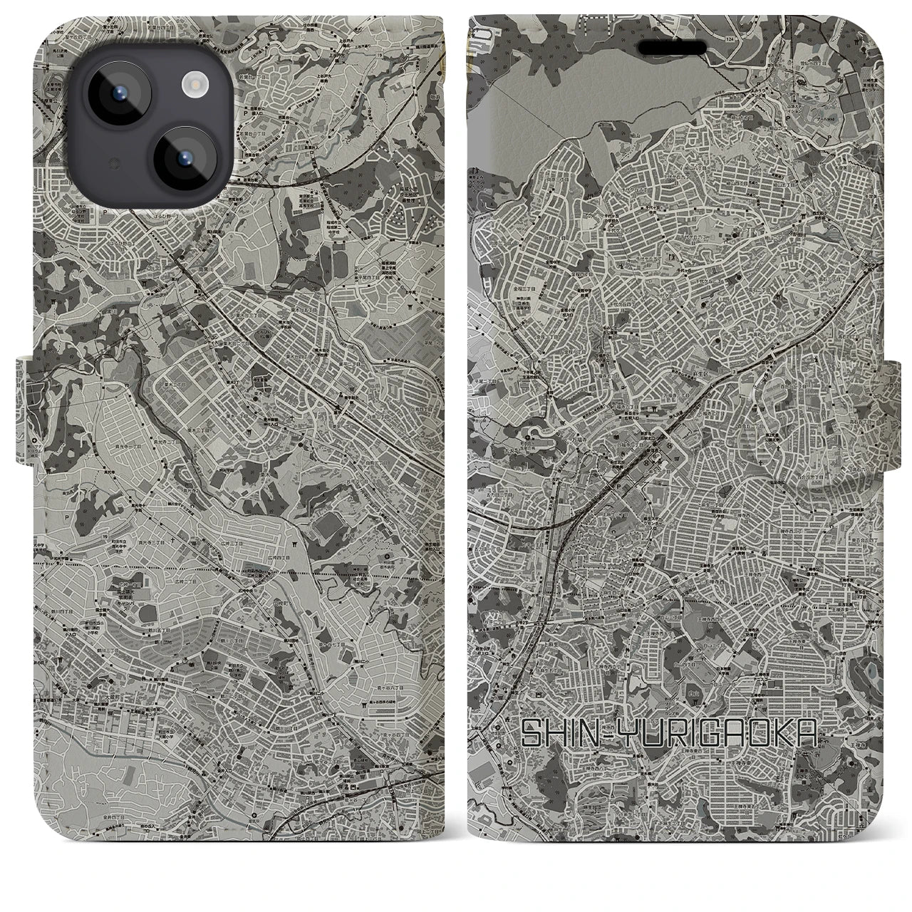 【新百合ヶ丘(神奈川県)】地図柄iPhoneケース(手帳タイプ)モノトーン・iPhone 14 Plus 用