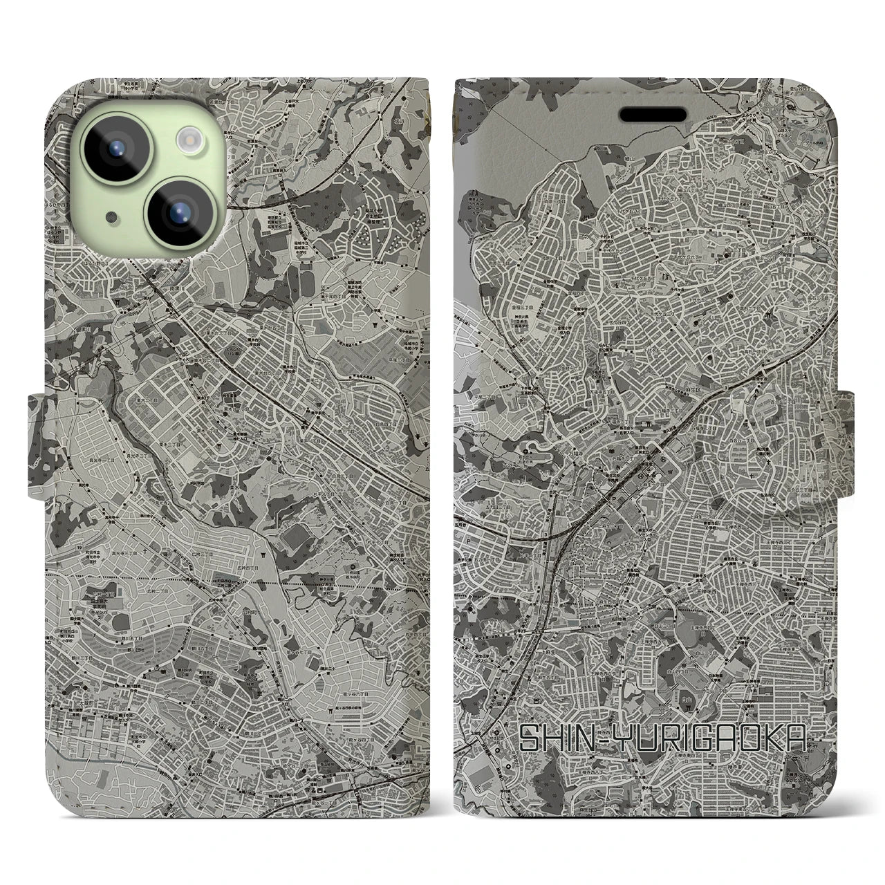 【新百合ヶ丘(神奈川県)】地図柄iPhoneケース(手帳タイプ)モノトーン・iPhone 15 用