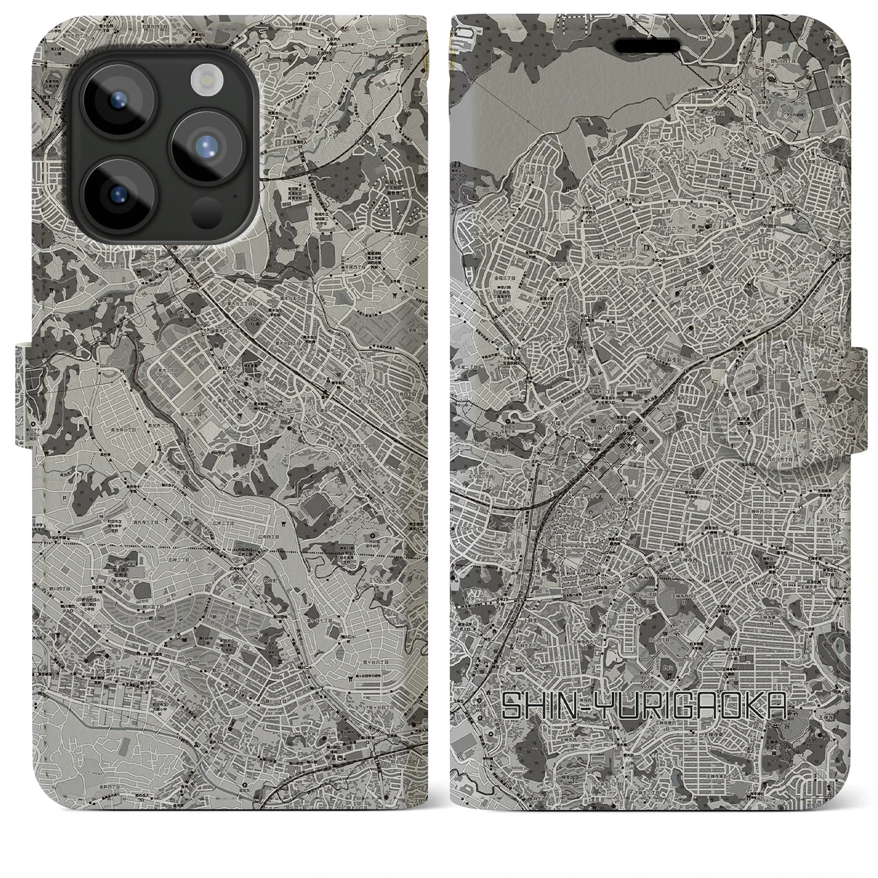 【新百合ヶ丘(神奈川県)】地図柄iPhoneケース(手帳タイプ)モノトーン・iPhone 15 Pro Max 用