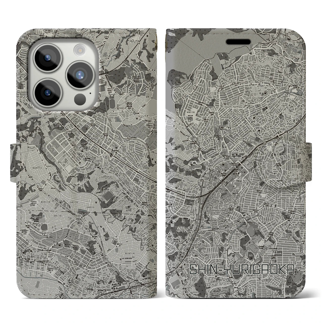 【新百合ヶ丘(神奈川県)】地図柄iPhoneケース(手帳タイプ)モノトーン・iPhone 15 Pro 用