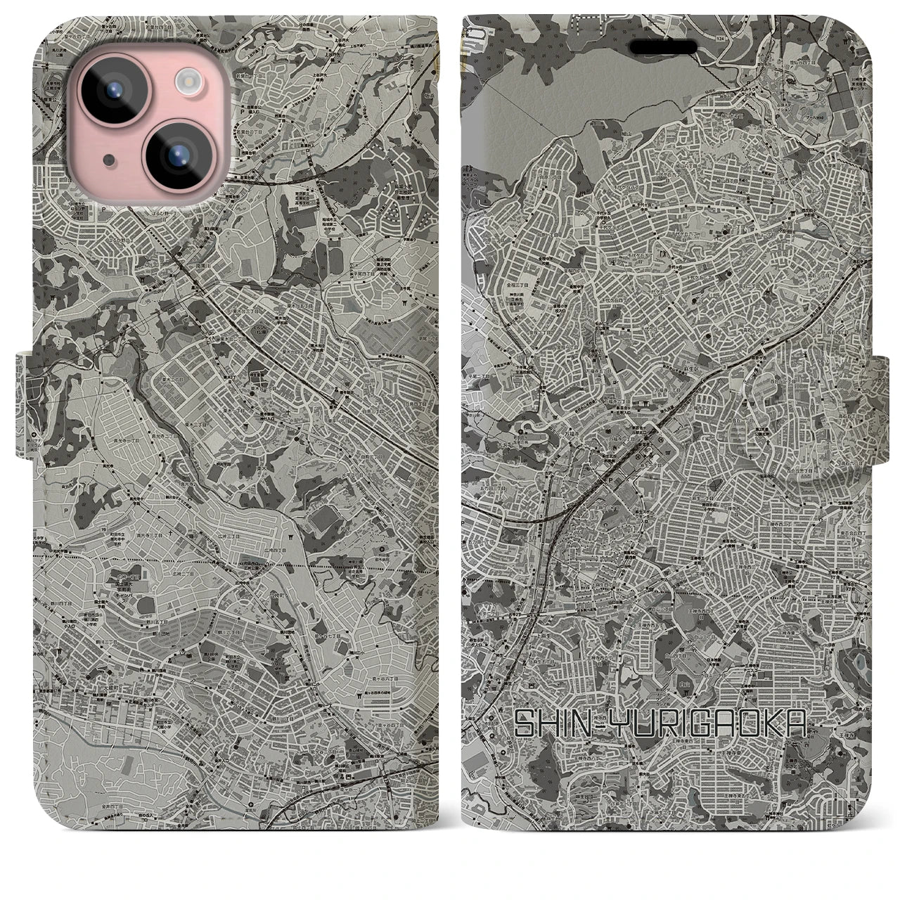 【新百合ヶ丘(神奈川県)】地図柄iPhoneケース(手帳タイプ)モノトーン・iPhone 15 Plus 用