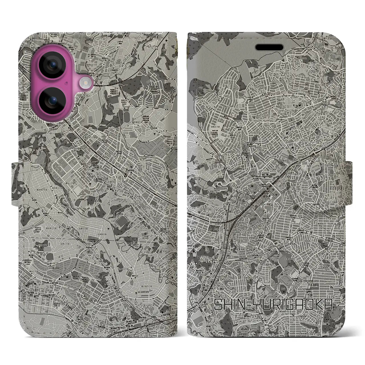 【新百合ヶ丘(神奈川県)】地図柄iPhoneケース(手帳タイプ)モノトーン・iPhone 16 Pro 用
