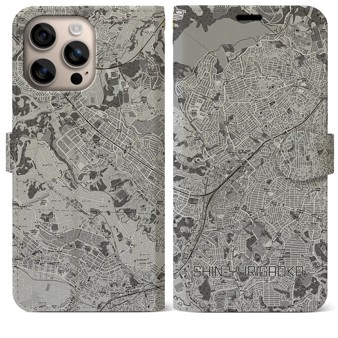 【新百合ヶ丘(神奈川県)】地図柄iPhoneケース(手帳タイプ)モノトーン・iPhone 16 Plus 用
