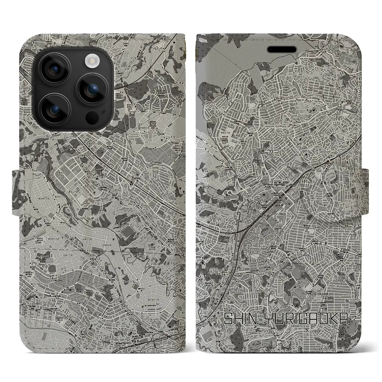 【新百合ヶ丘(神奈川県)】地図柄iPhoneケース(手帳タイプ)モノトーン・iPhone 16 用