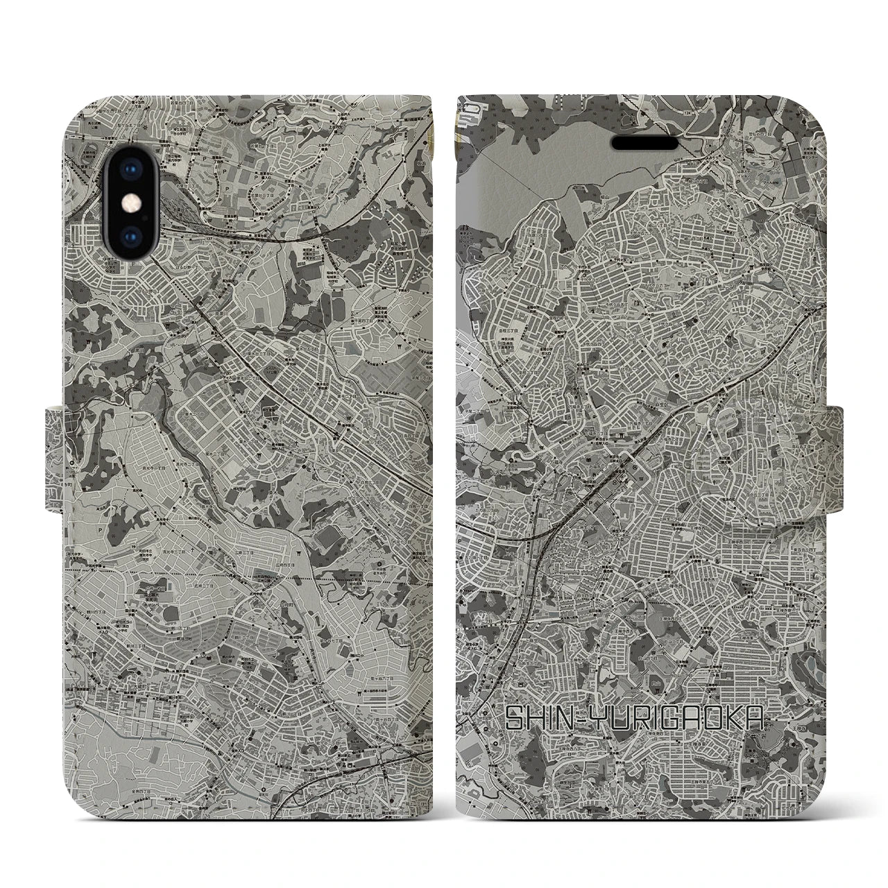 【新百合ヶ丘(神奈川県)】地図柄iPhoneケース(手帳タイプ)モノトーン・iPhone XS / X 用