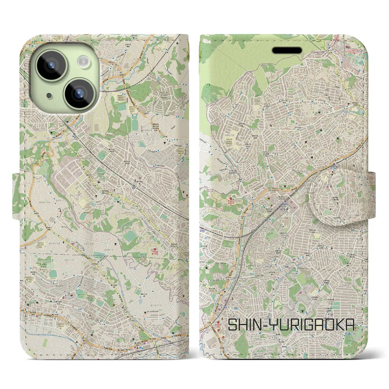【新百合ヶ丘(神奈川県)】地図柄iPhoneケース(手帳タイプ)ナチュラル・iPhone 15 用